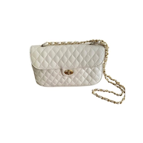 Quilted White Faux Leather Shoulder Bag With Gold Chain Strap & Turn Lock - Picture 7 of 12